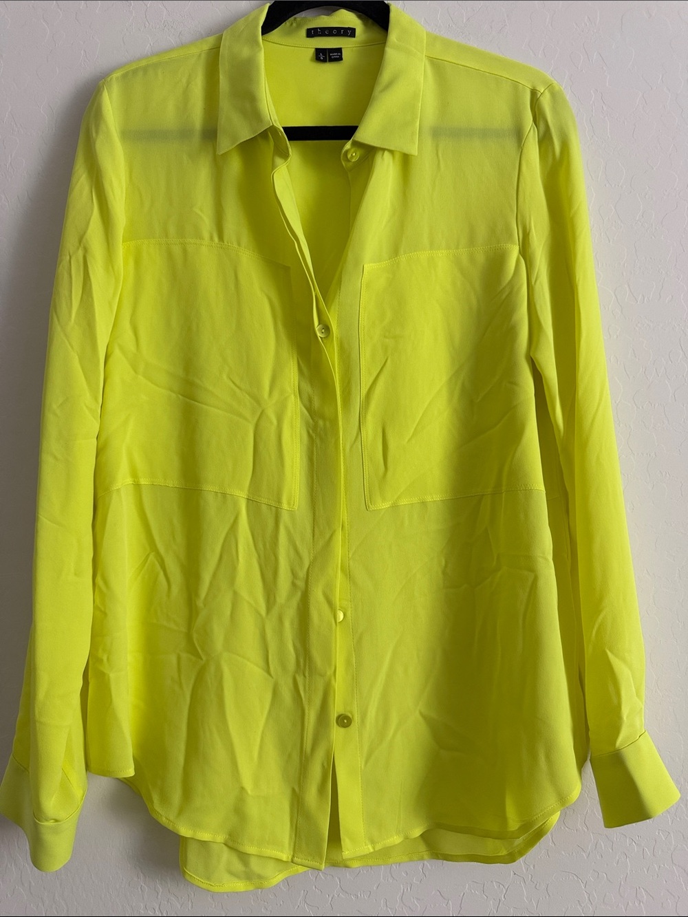 Theory Neon Yellow/Green 100% silk long sleeve button front shirt Sz L